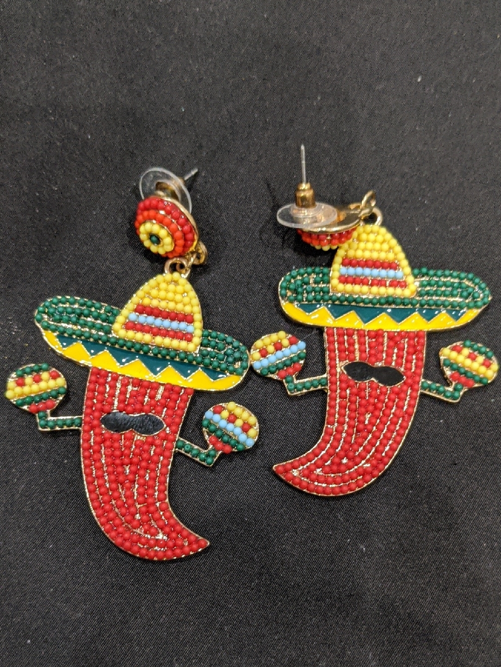 Festive Beaded Chili Pepper Sombrero Earrings - Red, Yellow, Green
